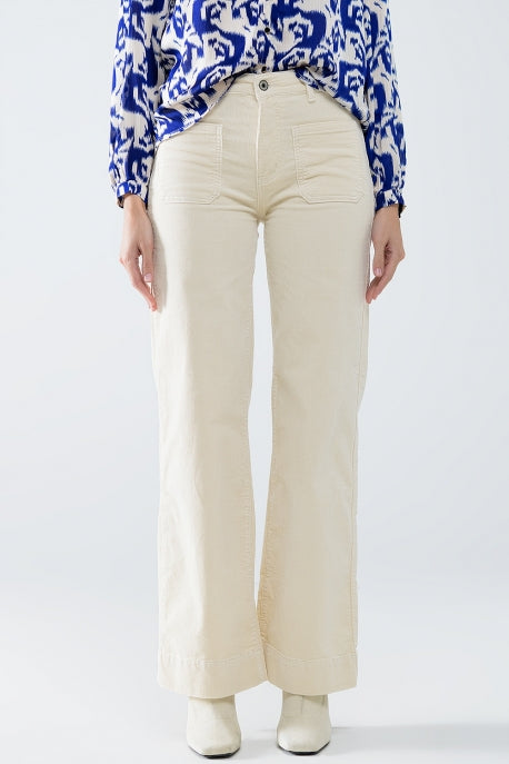 Straight Leg Corduroy Jeans in Ecru with pockets