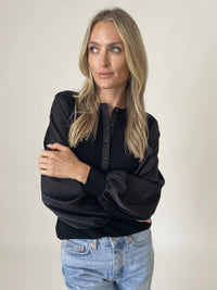 Black Mixed-Fabric Henley Top with Satin Balloon Sleeves