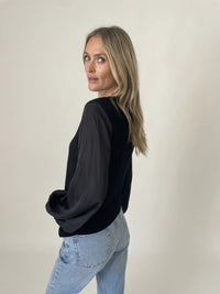 Black Mixed-Fabric Henley Top with Satin Balloon Sleeves