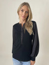 Black Mixed-Fabric Henley Top with Satin Balloon Sleeves