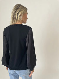 Black Mixed-Fabric Henley Top with Satin Balloon Sleeves