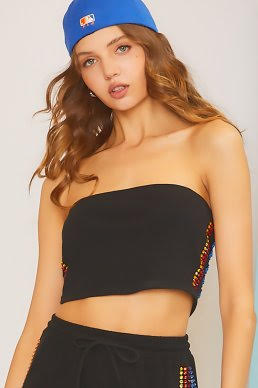 Side Stone Trim Solid Tube Crop Top