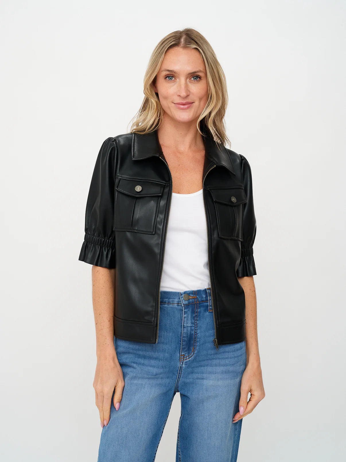 Short Sleeve Leather Zip Jacket with Puff Detail