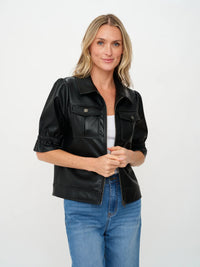 Short Sleeve Leather Zip Jacket with Puff Detail