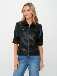 Short Sleeve Leather Zip Jacket with Puff Detail