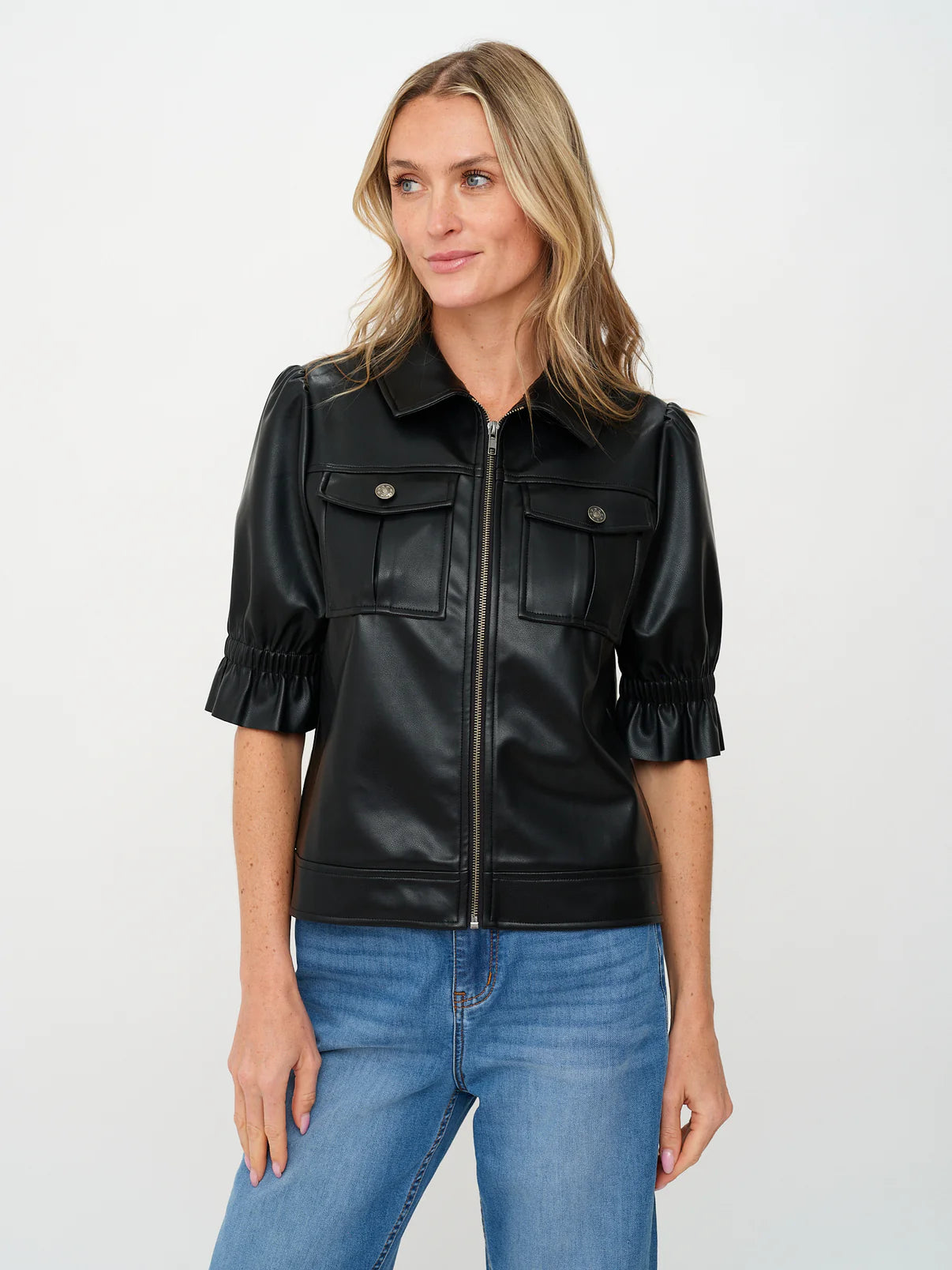 Short Sleeve Leather Zip Jacket with Puff Detail