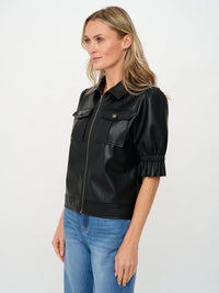 Short Sleeve Leather Zip Jacket with Puff Detail