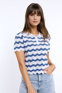 WHITE POLO WITH BLUE WAVY STRIPES