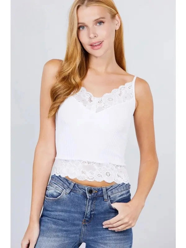 White Seamless Lace Trim Cropped Camisole Tank Top