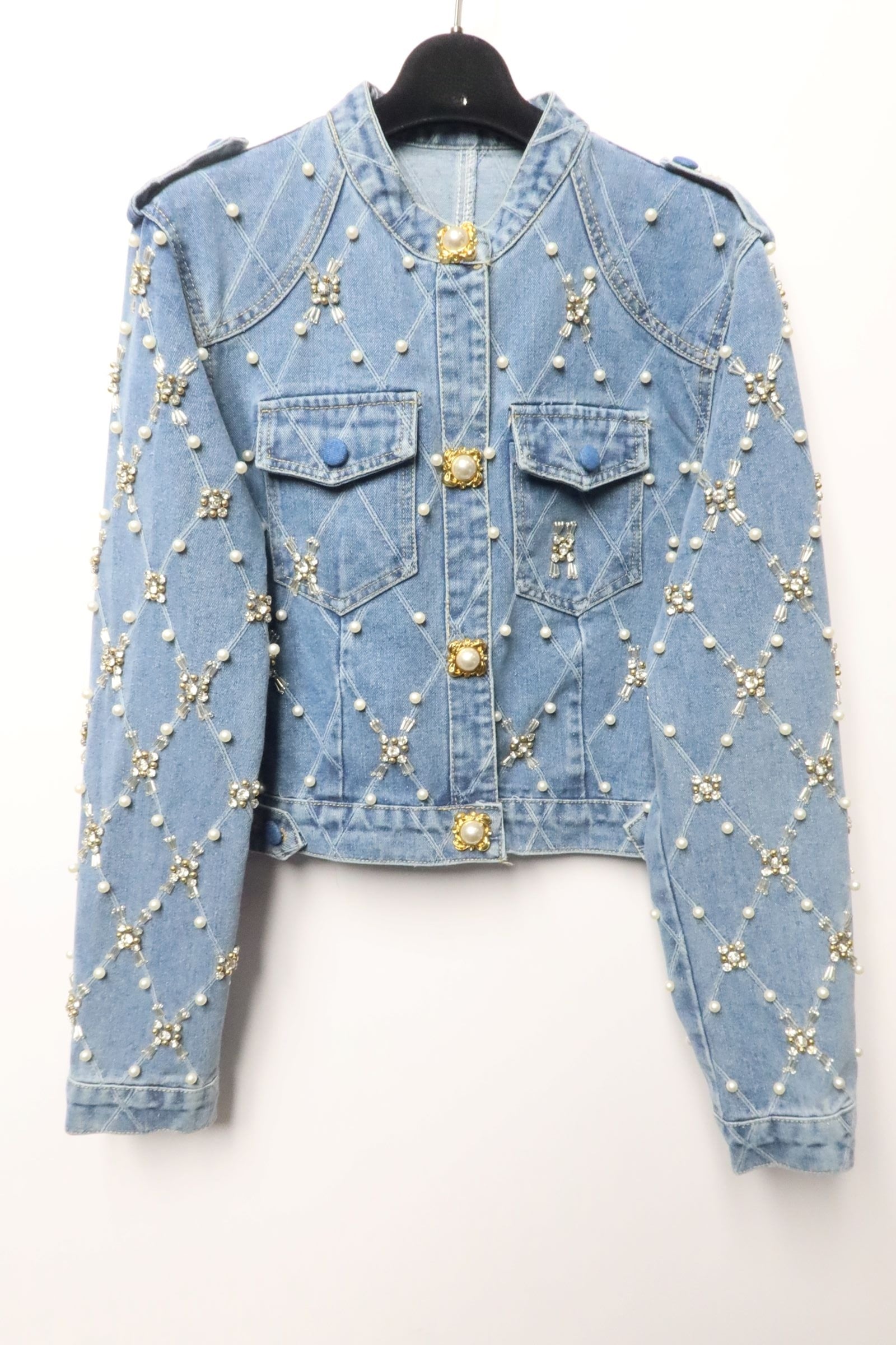 Embellished Denim Jacket with Pearl and Crystal Detailing