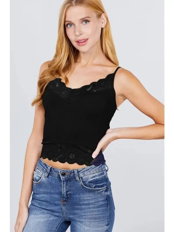 Black Seamless Lace Trim Cropped Camisole Tank Top