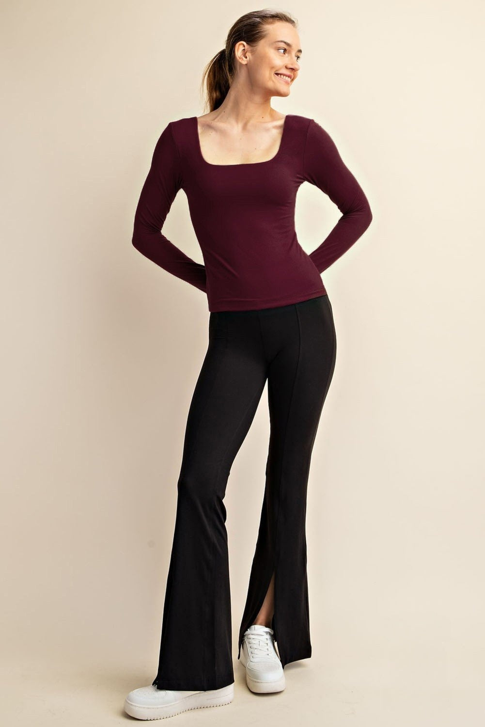 Square Neck Long Sleeve Top in Deep Red