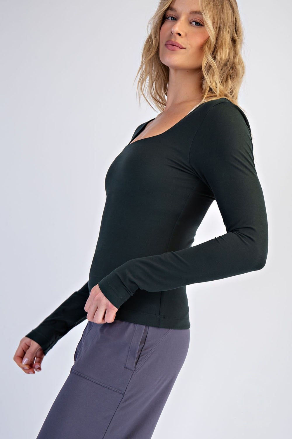 Square Neck Long Sleeve Top in Green
