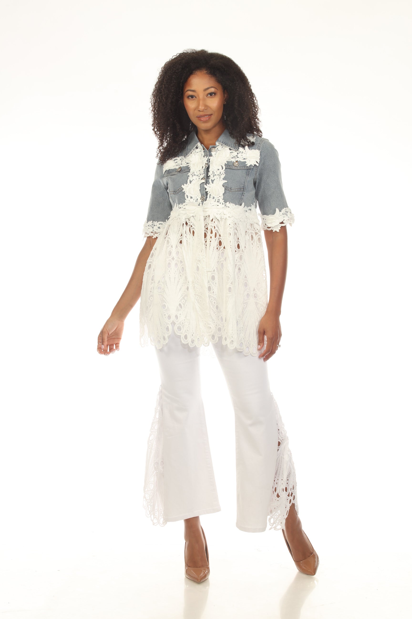 Denim and White Lace Mixed Media Button Front Tunic Top